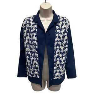 Women’s vintage 1960s floral knit button up shirt navy blue mod retro
